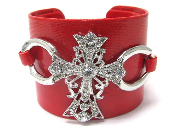 CRYSTAL CROSS FAUX LEATHER WRAP METAL CUFF BANGLE?