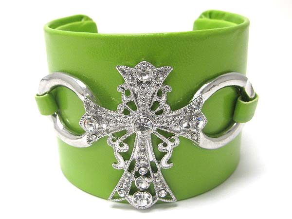 CRYSTAL CROSS FAUX LEATHER WRAP METAL CUFF BANGLE?