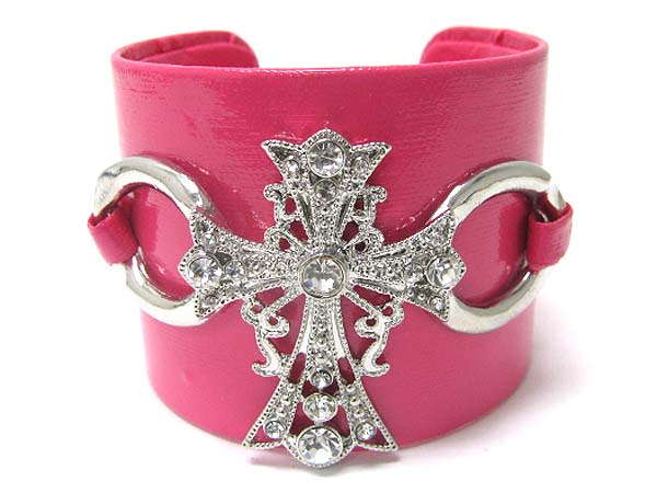Crystal cross faux leather wrap metal cuff bangle?