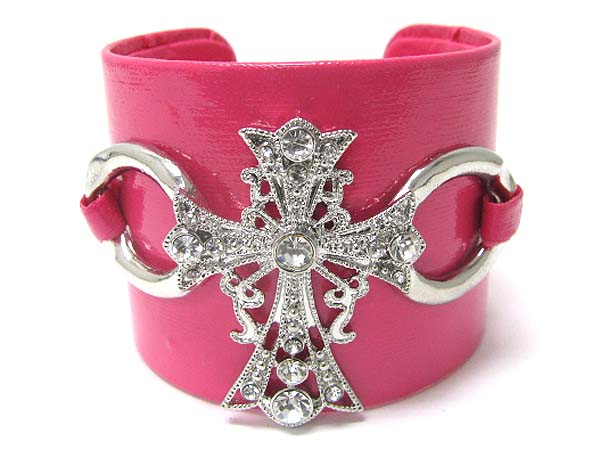 CRYSTAL CROSS FAUX LEATHER WRAP METAL CUFF BANGLE?