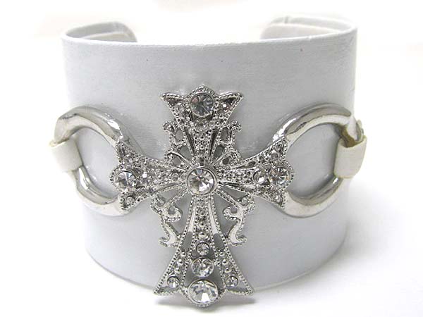 CRYSTAL CROSS FAUX LEATHER WRAP METAL CUFF BANGLE?