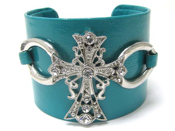 Crystal cross faux leather wrap metal cuff bangle?