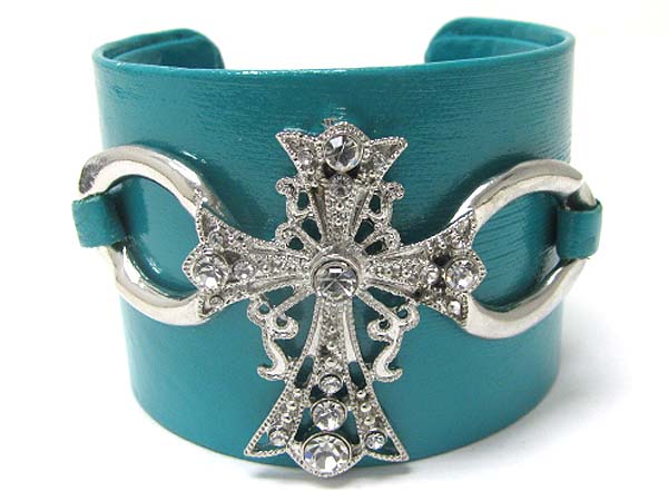 CRYSTAL CROSS FAUX LEATHER WRAP METAL CUFF BANGLE?