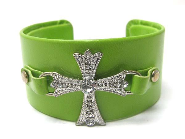 CRYSTAL CROSS FAUX LEATHER WRAP METAL CUFF BANGLE?