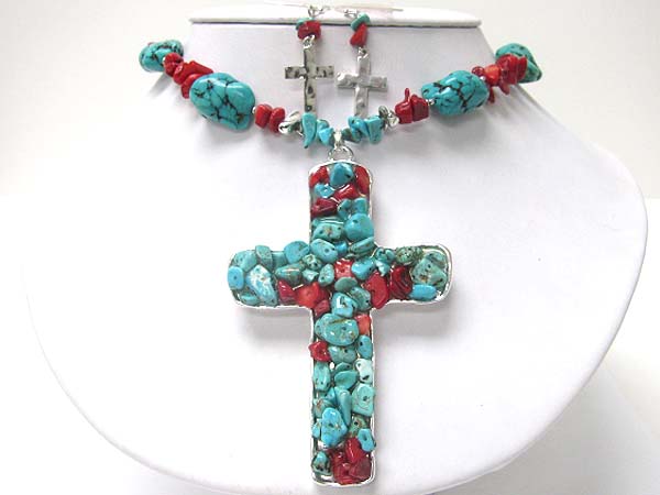 Natural stone mosaic cross pendant necklace erarring set
