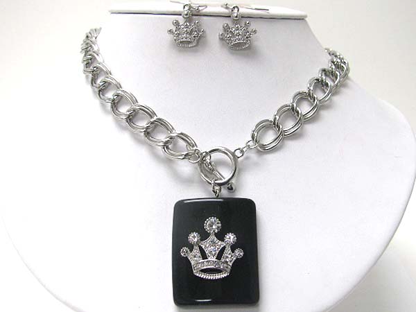 Crystal crown on formica stone pendant toggle chain necklace earring set