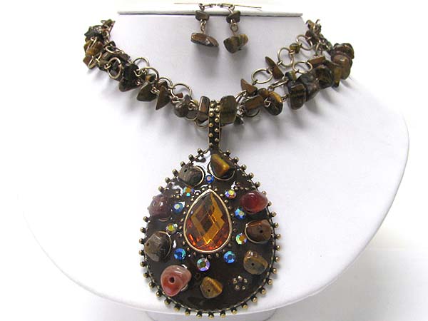 Natural stone and crystal mosaic tear pendant necklace erarring set