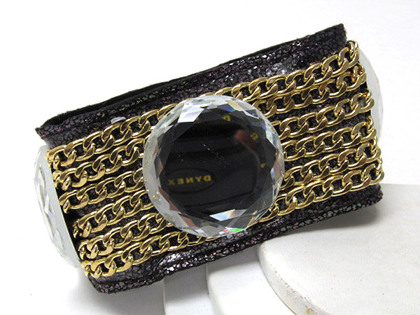 Multi fashion chian and three crystal glass on leathertte button bracelet