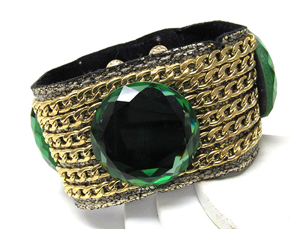 Multi fashion chian and three crystal glass on leathertte button bracelet