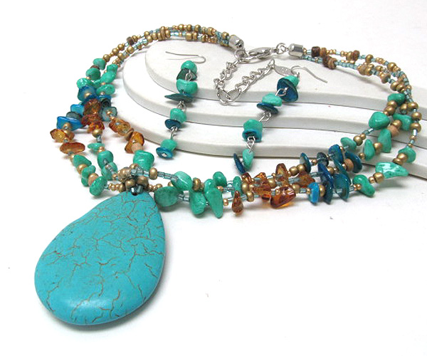 Multi seed beads and chip stone drop tear drop natural stone chain necklace earring set