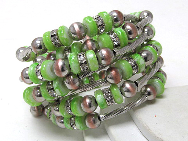 Multi colorful rings and multi ball with crystal rondelle coiled bracelet