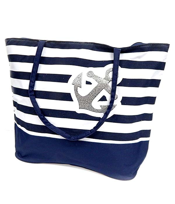 Anchor and nautical stripe print beach tote bag