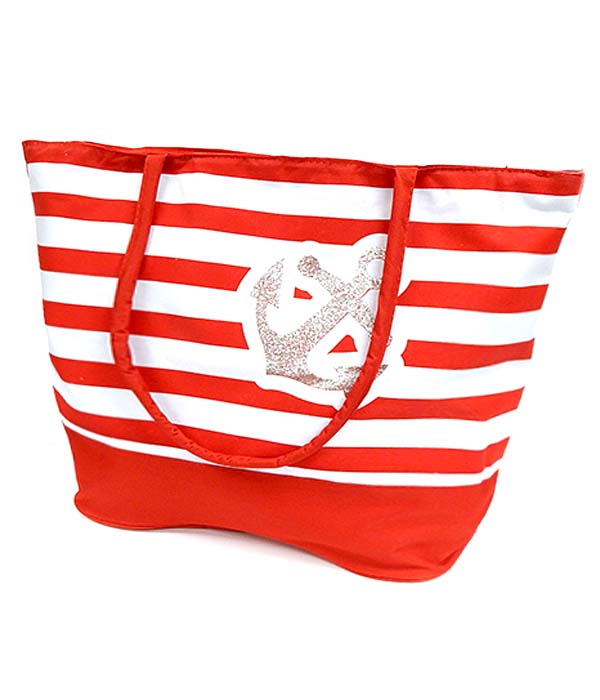 Anchor and nautical stripe print beach tote bag