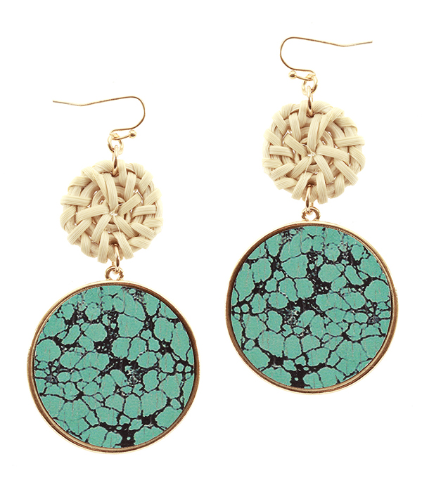 MARBEL PRINT WOOD AND RATTAN DISC DROP EARRING