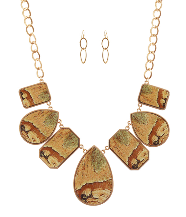 MARBLE PRINT MULTI WOOD TEARDROP LINK NECKLACE SET