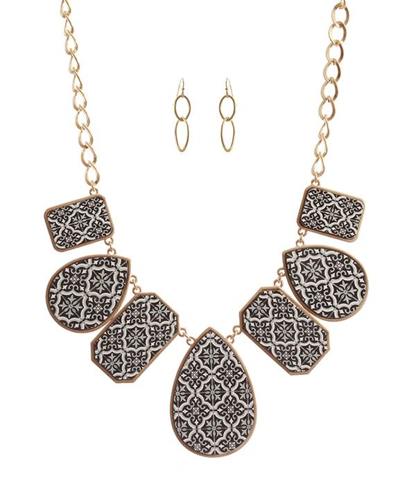 MOROCCAN PRINT WOOD TEARDROP LINK NECKLACE SET