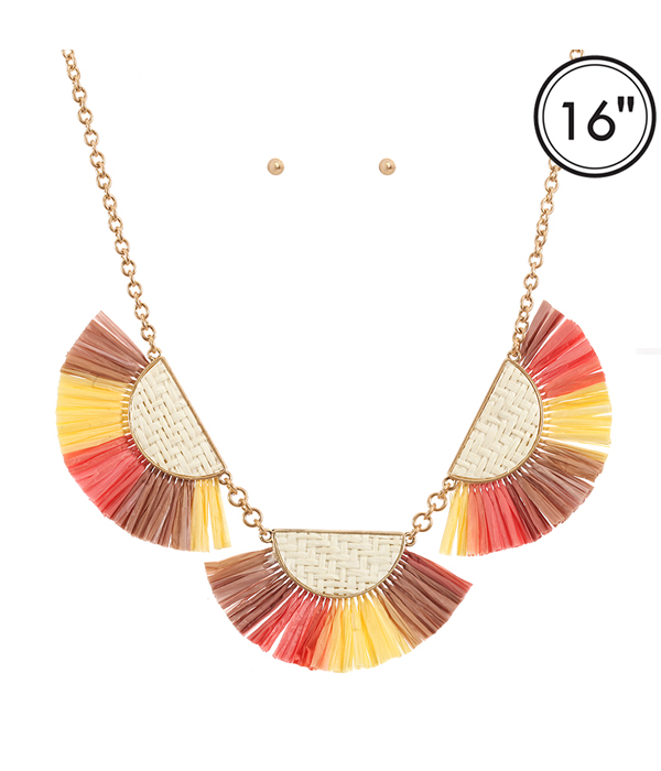 Rattan and rafia fan tassel necklace set