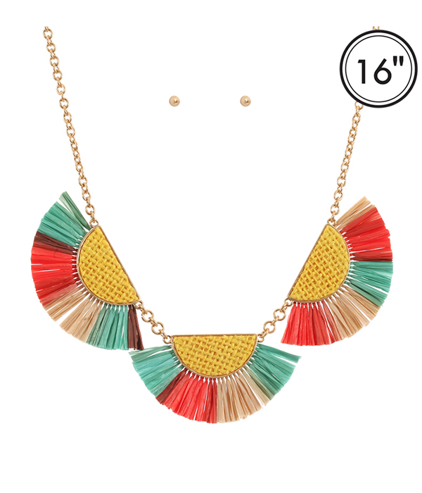 Rattan and rafia fan tassel necklace set
