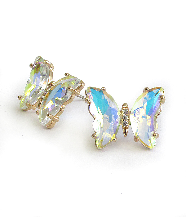Facet glass and crystal mix brass butterfly stud earring