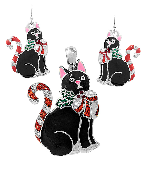 CHRISTMAS THEME EPOXY PENDANT AND EARRING SET - CAT