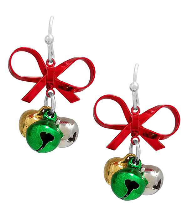 CHRISTMAS THEME JINGLE BELL AND BOW MIX DROP EARRING