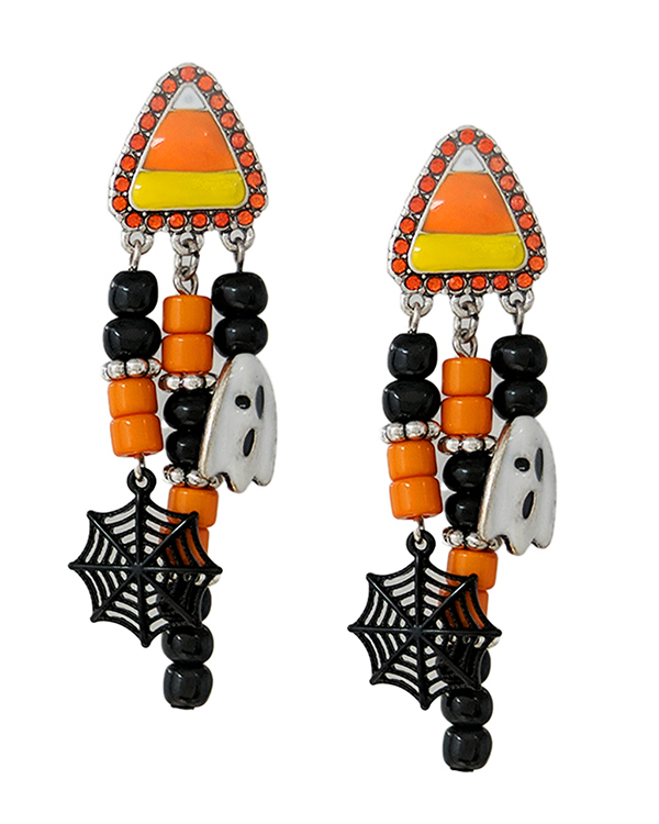 HALLOWEEN THEME MULTI CHARM DROP EARRING - GHOST SPIDER WEB CANDY CORN