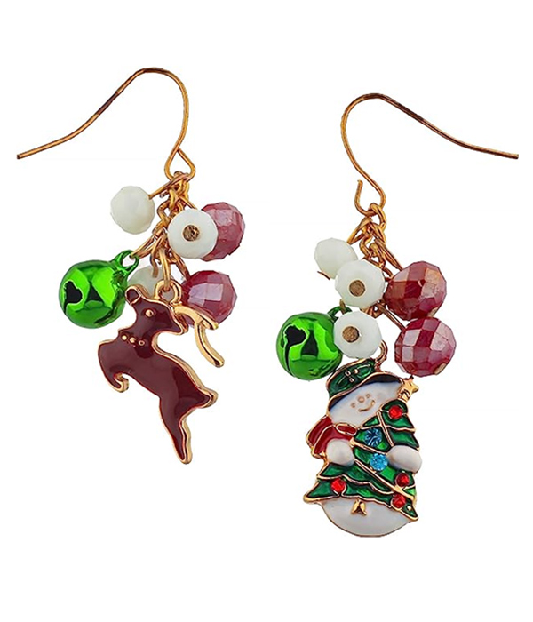 Christmas theme charm and jingle bell earring - reindeer snowman