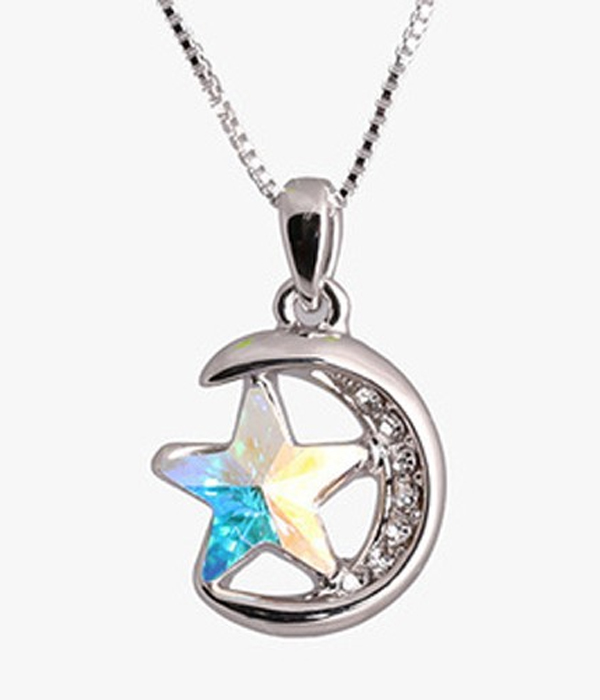 Moon star crystal metal chain necklace