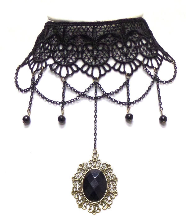 Vintage handmade steampunk lace flower chain drop choker
