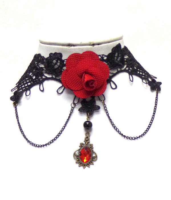 Vintage handmade steampunk lace flower  drop choker