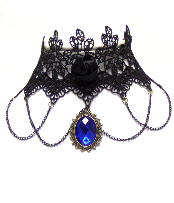 Flower vintage steampunk lace with multi chain and crystlal drop choker