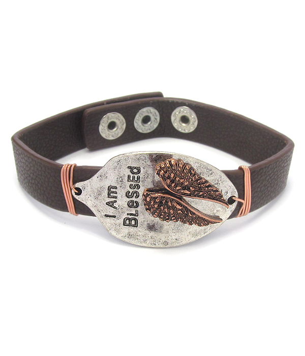 Religious inspiration spoon head leather bracelet - i am blessed
