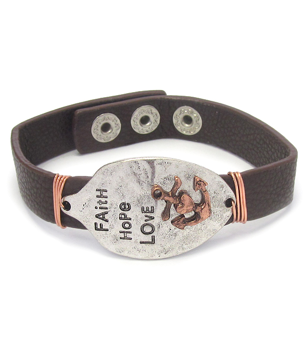 Religious inspiration spoon head leather bracelet - faith hope love