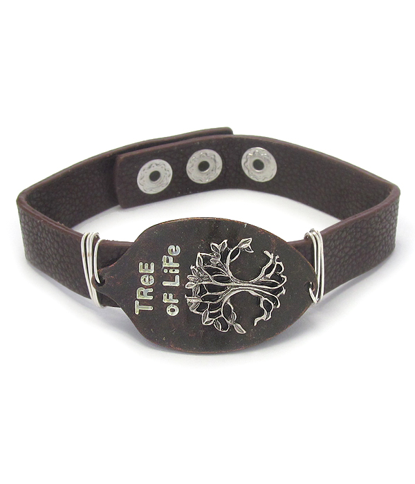 Religious inspiration spoon head leather bracelet - tree of life