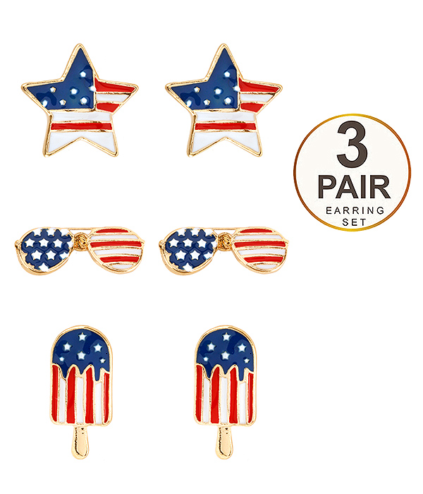 PATRIOTIC THEME AMERICAN FLAG 3 PAIR EARRING SET - SUNGLASSES STAR