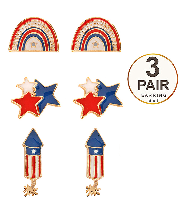 PATRIOTIC THEME AMERICAN FLAG 3 PAIR EARRING SET - RAINBOW FIRE SQUIB