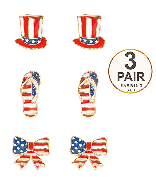 PATRIOTIC THEME AMERICAN FLAG 3 PAIR EARRING SET - FLIPFLOP HAT