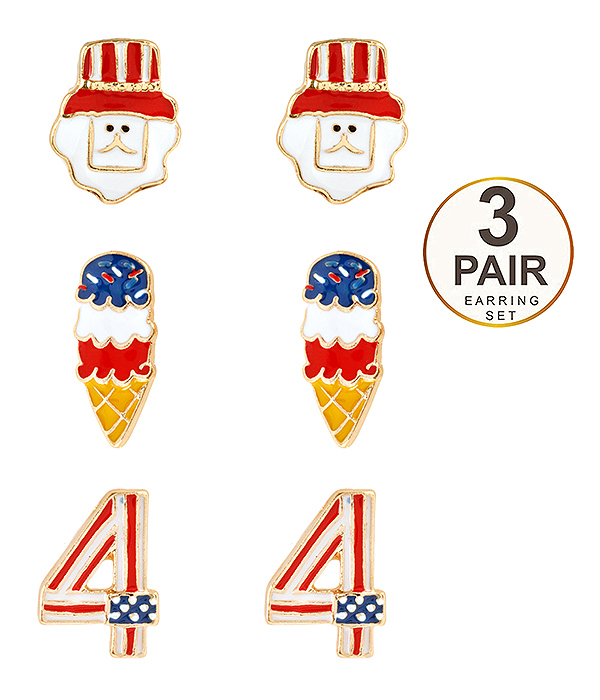 Patriotic theme american flag 3 pair earring set - uncle sam ice cream