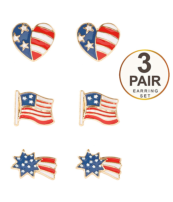 PATRIOTIC THEME AMERICAN FLAG 3 PAIR EARRING SET - HEART