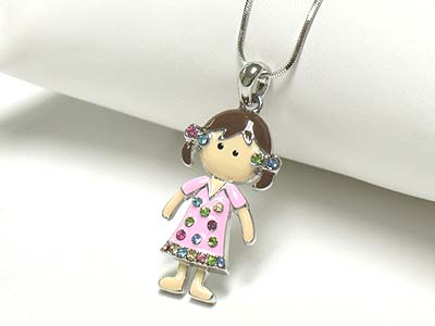 Crystal stud metal epoxy nodding girl pendant necklace