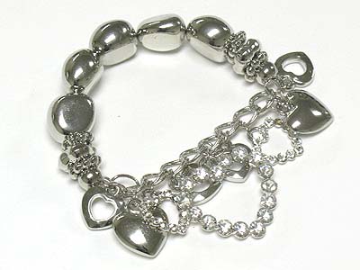 Crystal and metal heart dangle stretch bracelet
