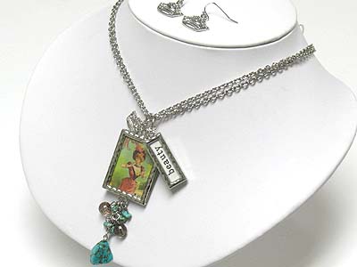 Natural stone dangle picture frame pendant necklace and earring set