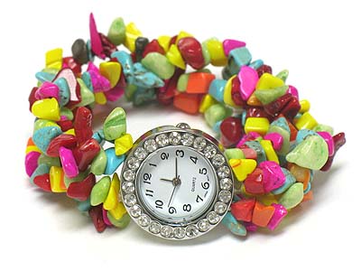 Crystal side deco face turquoise stone stretch bracelet watch