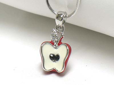 MADE IN KOREA WHITEGOLD PLATING CRYSTAL AND EPOXY APPLE PENDANT NECKLACE