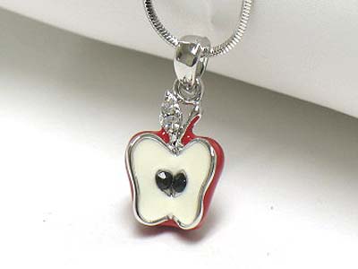 WHITEGOLD PLATING CRYSTAL AND EPOXY APPLE PENDANT NECKLACE