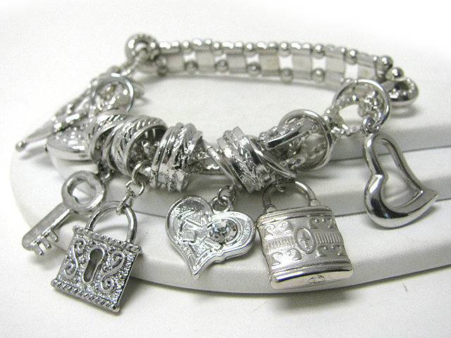 Multi lock and key charm spacer beads link stretch bracelet