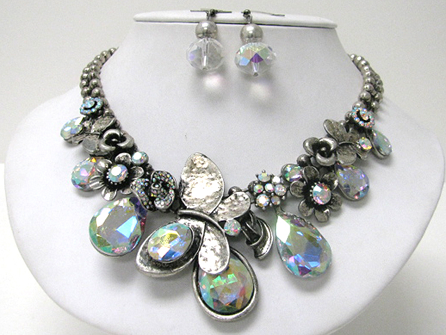 Luxury tear drop crystal dangle hammered metal butterfly accent neckalce earring set