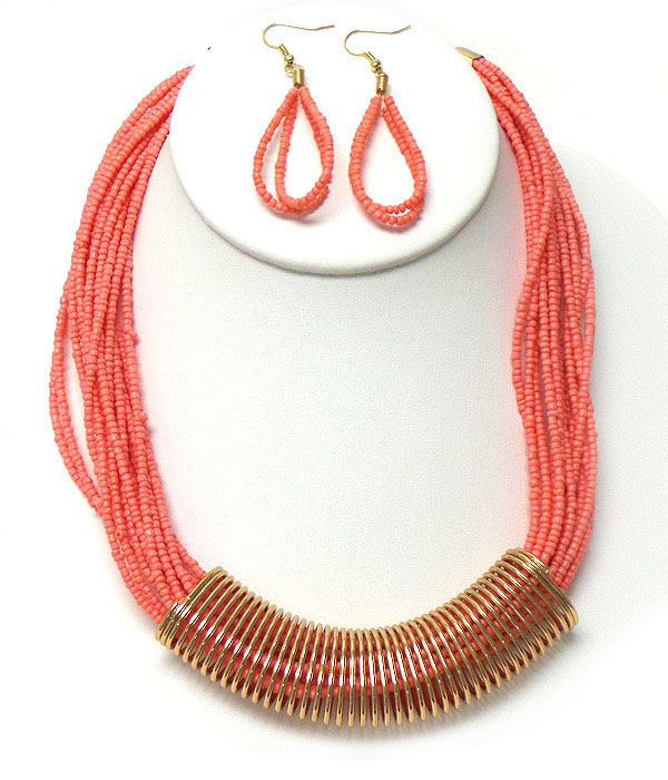 Metal coil and multi seed bead chain necklace earring set