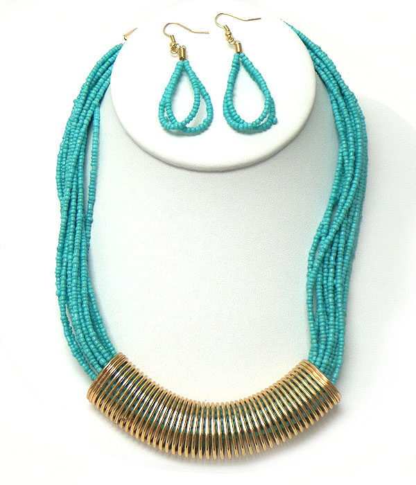 Metal coil and multi seed bead chain necklace earring set