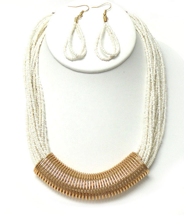 Metal coil and multi seed bead chain necklace earring set